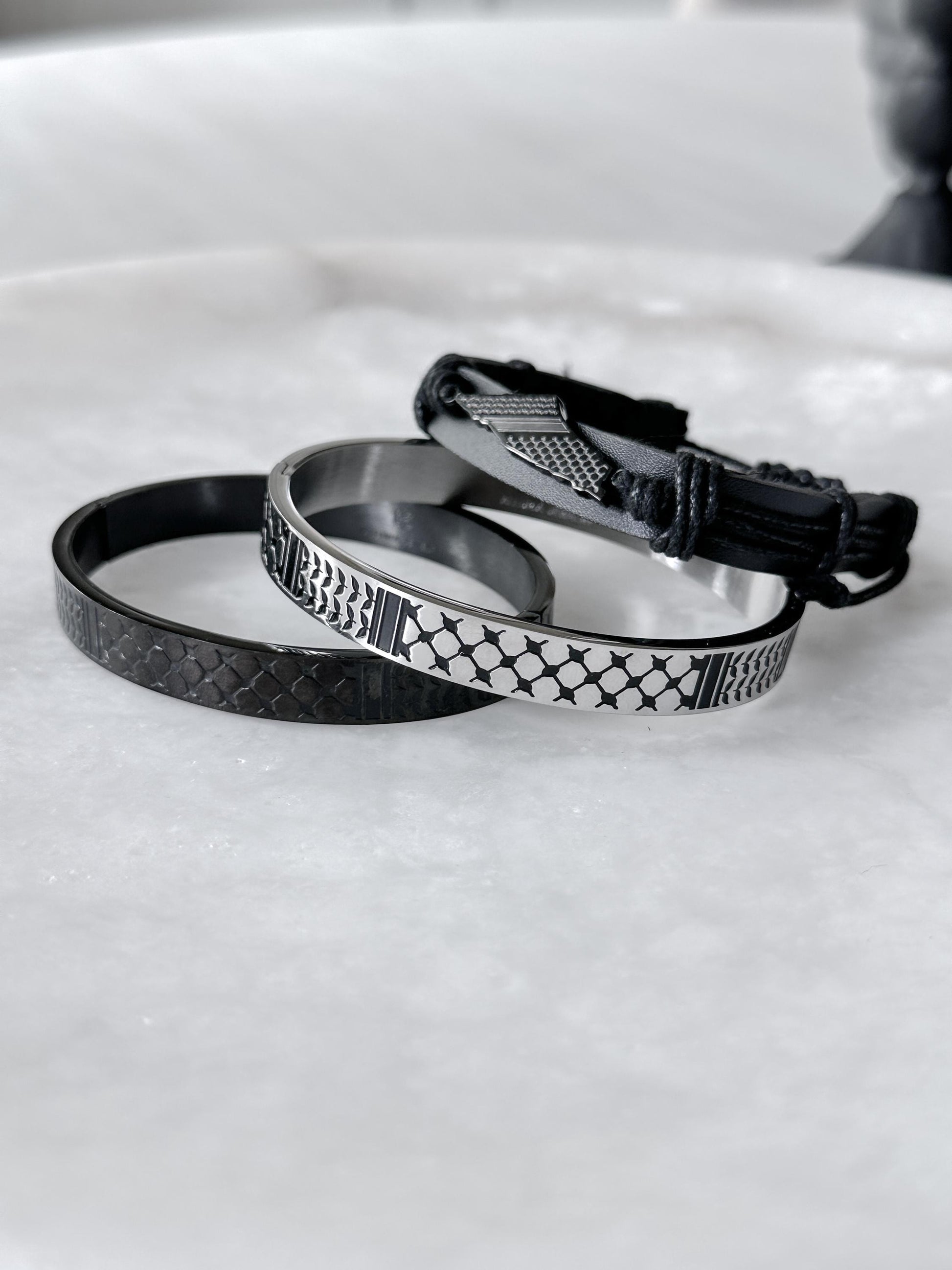Palestine Scarf Men Bangle Bracelet | Palestinian Cuff | Black Enamel 14K Gold Plated