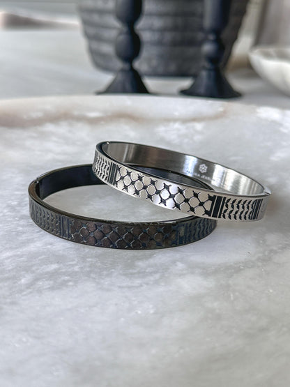 Palestine Scarf Men Bangle Bracelet | Palestinian Cuff | Black Enamel 14K Gold Plated