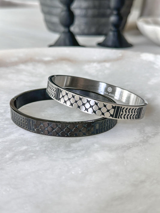 Palestine Scarf Men Bangle Bracelet | Palestinian Cuff | Black Enamel 14K Gold Plated