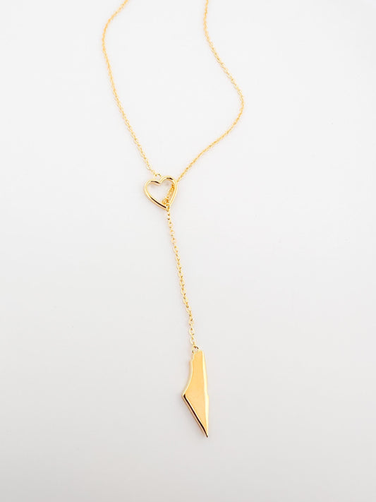 Palestine Map Lariat Necklace | Gold Heart Y Necklace | 14K Gold Plated | Solid Map Pendant | Adjustable 60cm Chain | Palestinian Jewelry |