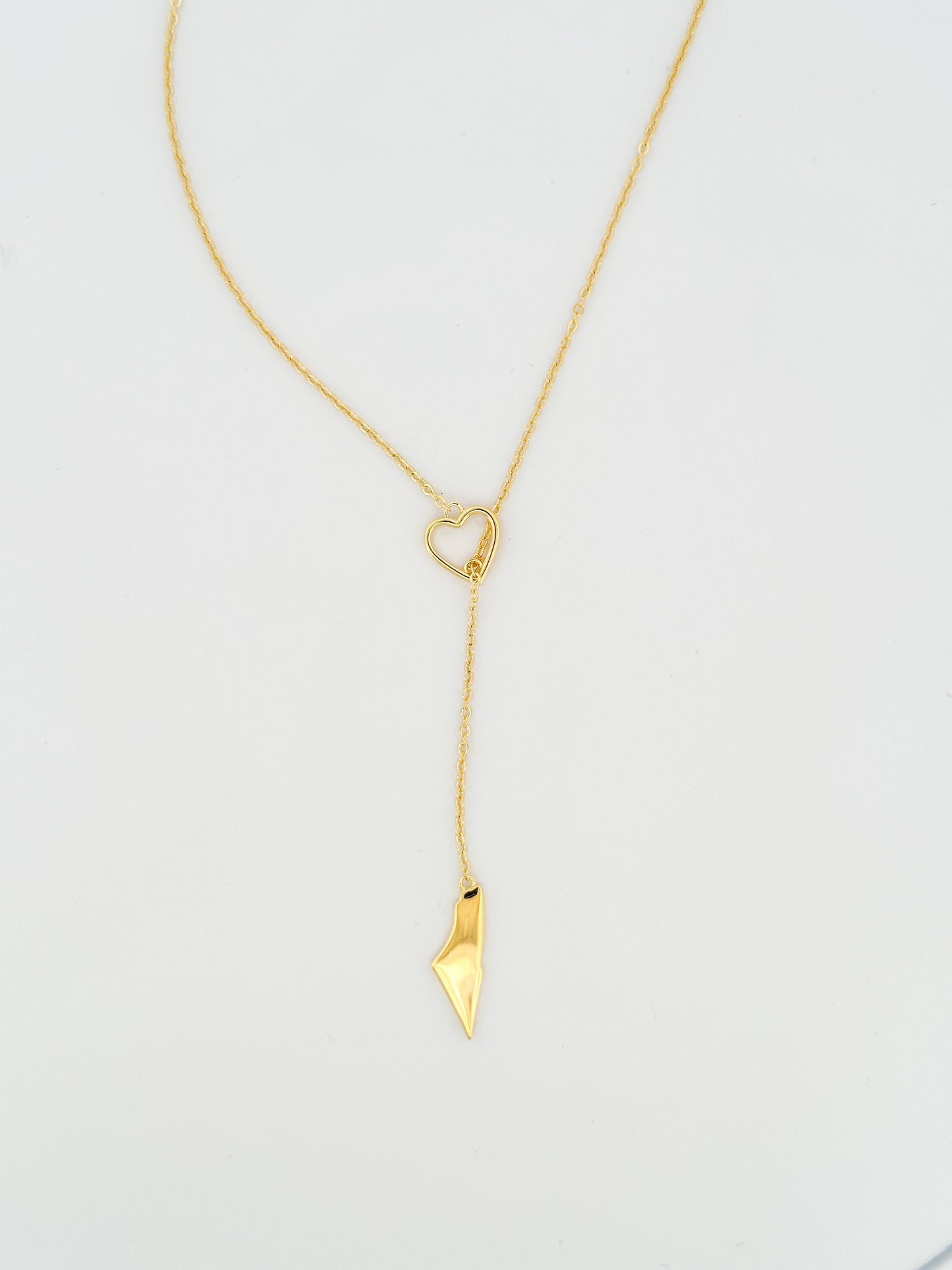 Palestine Map Lariat Necklace | Gold Heart Y Necklace | 14K Gold Plated | Solid Map Pendant | Adjustable 60cm Chain | Palestinian Jewelry |