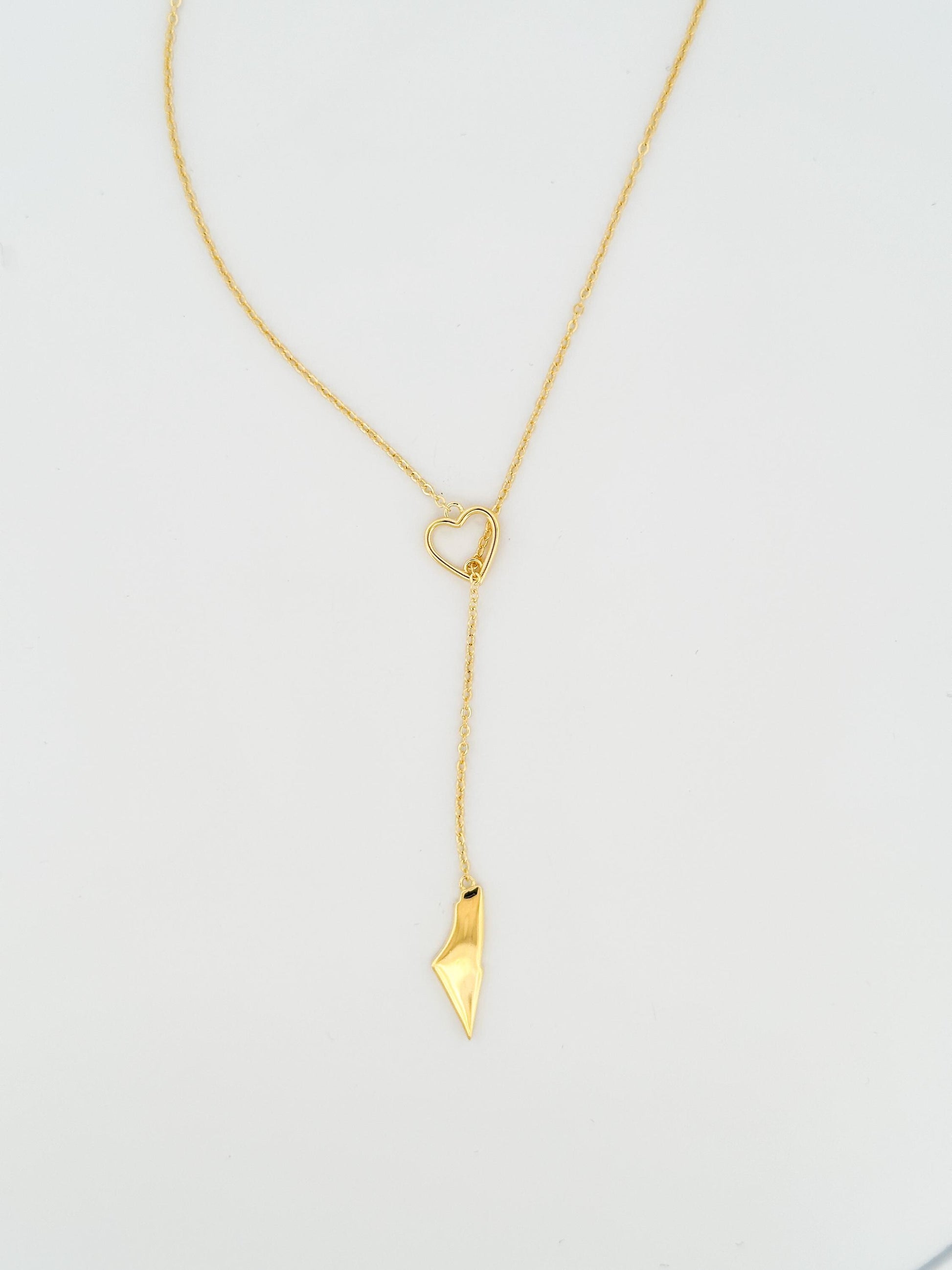 Palestine Map Lariat Necklace | Gold Heart Y Necklace | 14K Gold Plated | Solid Map Pendant | Adjustable 60cm Chain | Palestinian Jewelry |