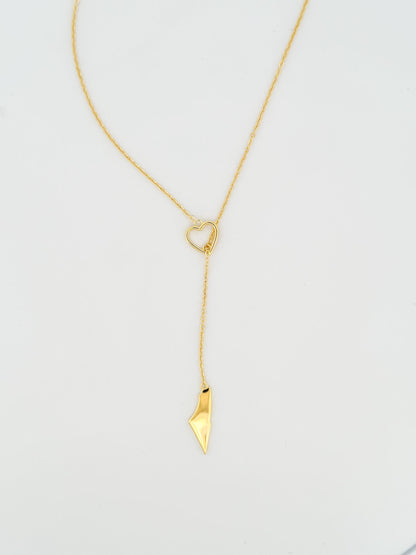 Palestine Map Lariat Necklace | Gold Heart Y Necklace | 14K Gold Plated | Solid Map Pendant | Adjustable 60cm Chain | Palestinian Jewelry |
