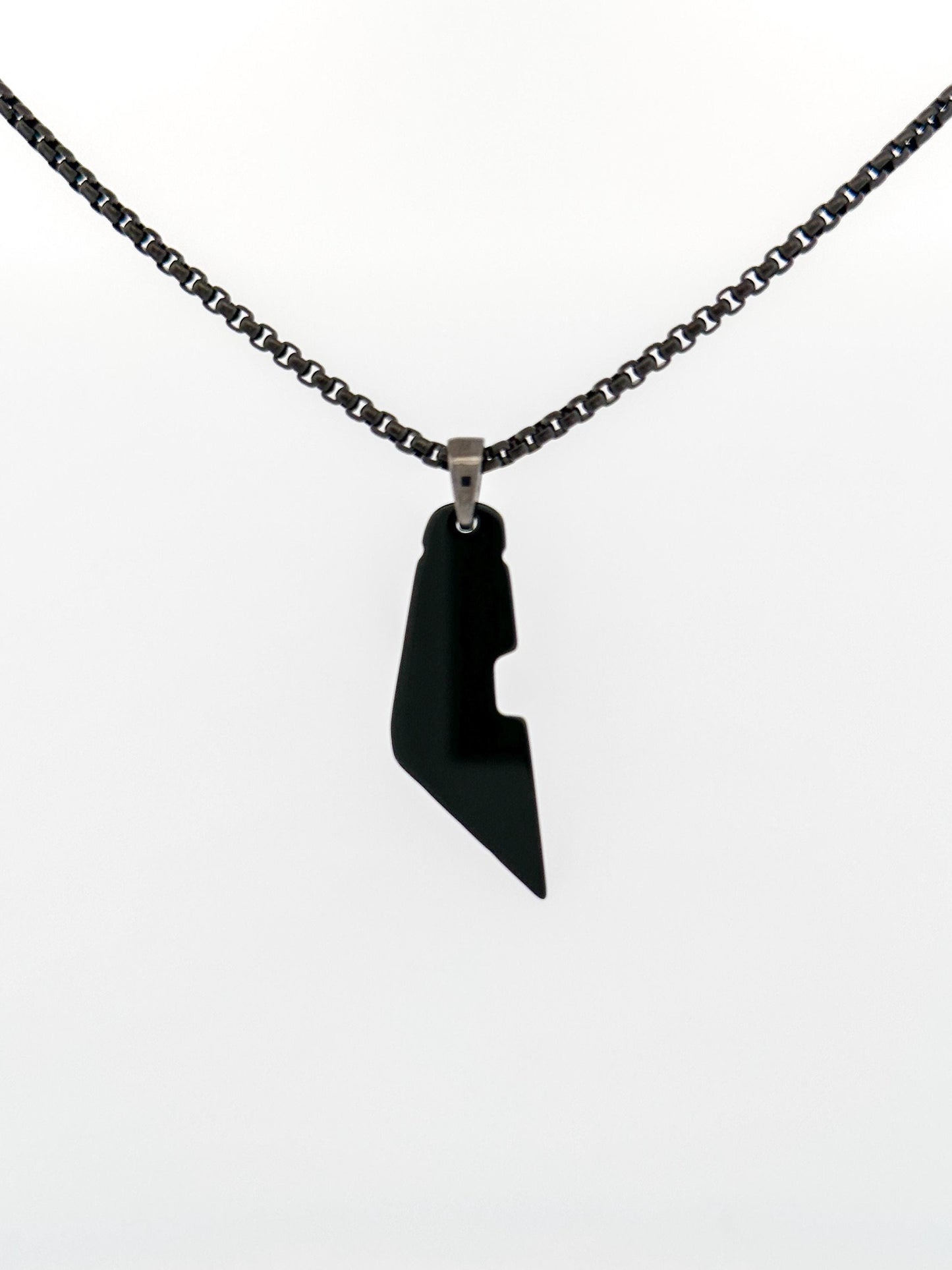 Palestine Map Necklace | Black Onyx & White Shell Stone Pendant | Stainless Steel Box Chain | Palestinian Jewelry | Unisex Gemstone Necklace