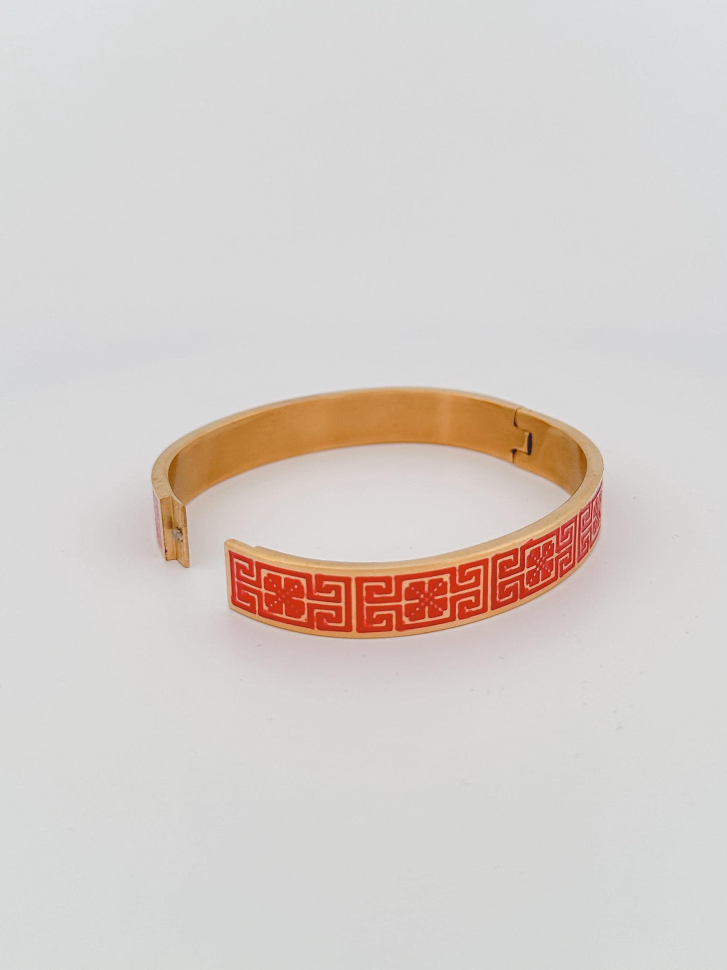 Tatreez Bangle Bracelet | Palestinian Embroidery Cuff | Red Enamel 18K Gold Plated | Road to Cairo Cross Stitch Pattern |