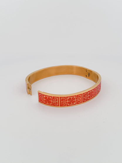 Tatreez Bangle Bracelet | Palestinian Embroidery Cuff | Red Enamel 18K Gold Plated | Road to Cairo Cross Stitch Pattern |