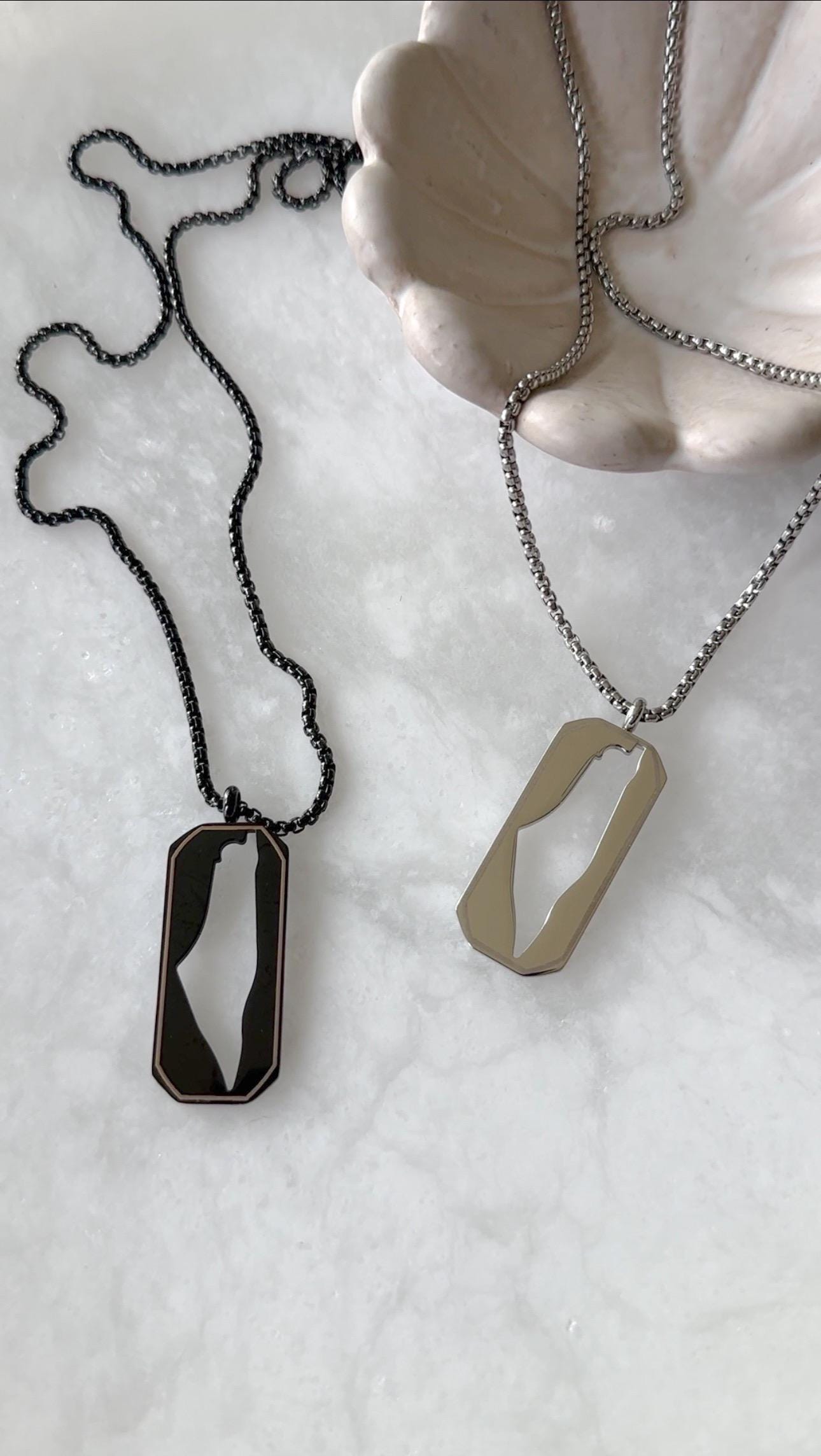 Palestine Map Dog Tag Necklace | Stainless Steel Pendant, Black Silver Cutout