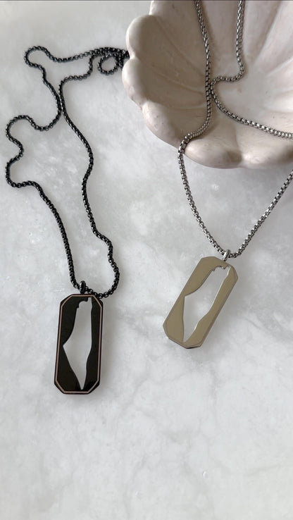 Palestine Map Dog Tag Necklace | Stainless Steel Pendant, Black Silver Cutout