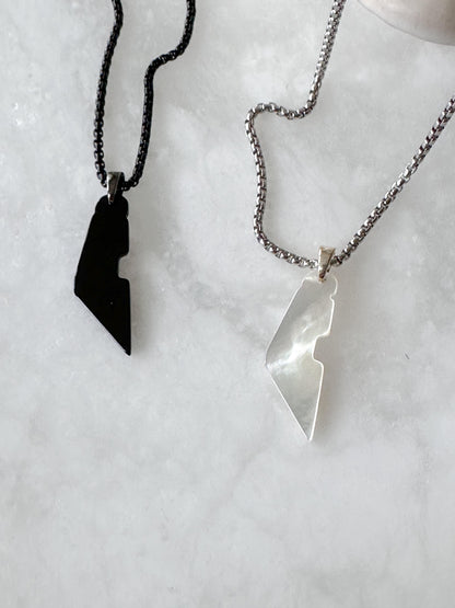 Palestine Map Necklace | Black Onyx & White Shell Stone Pendant | Stainless Steel Box Chain | Palestinian Jewelry | Unisex Gemstone Necklace