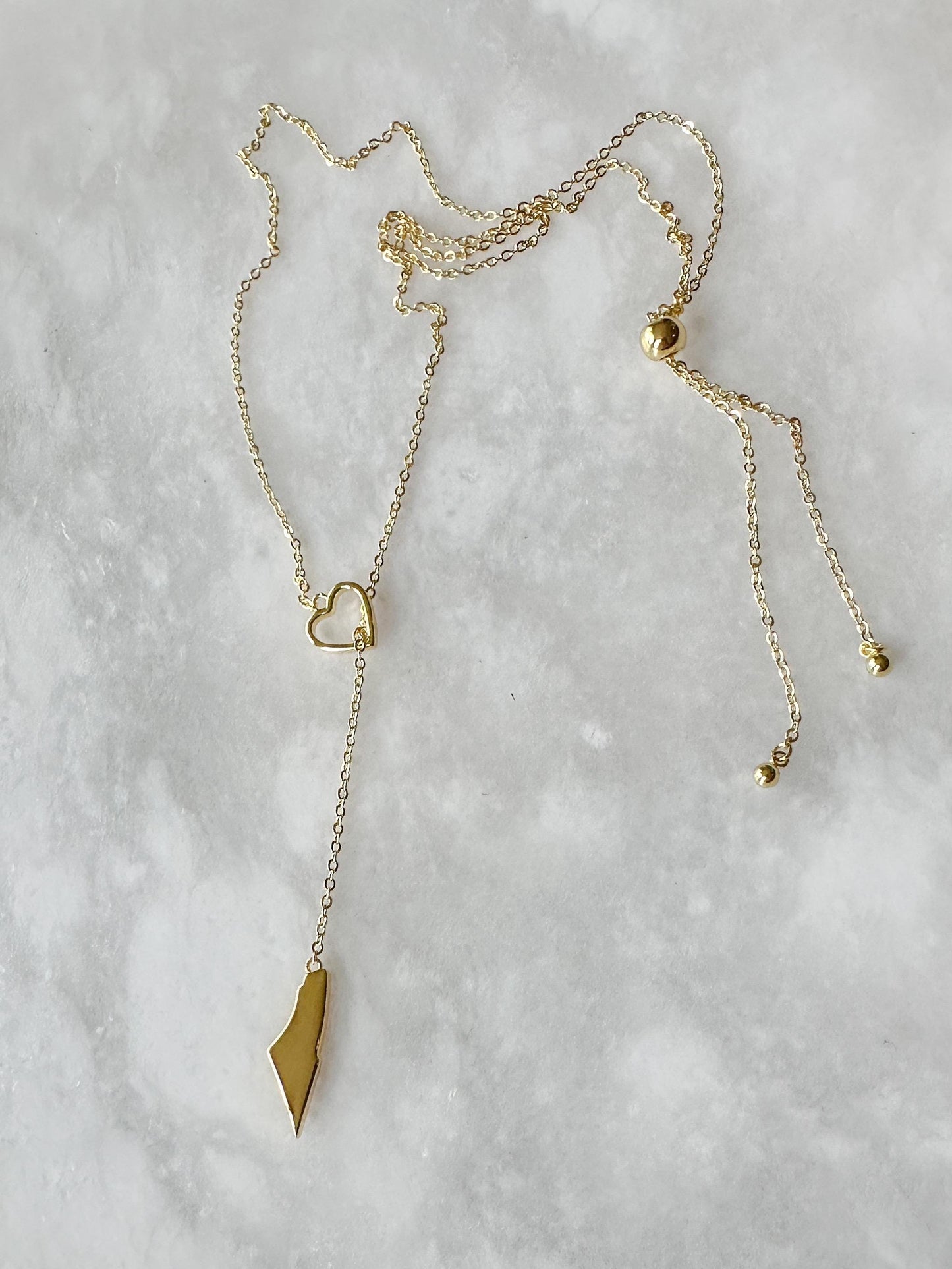 Palestine Map Lariat Necklace | Gold Heart Y Necklace | 14K Gold Plated | Solid Map Pendant | Adjustable 60cm Chain | Palestinian Jewelry |