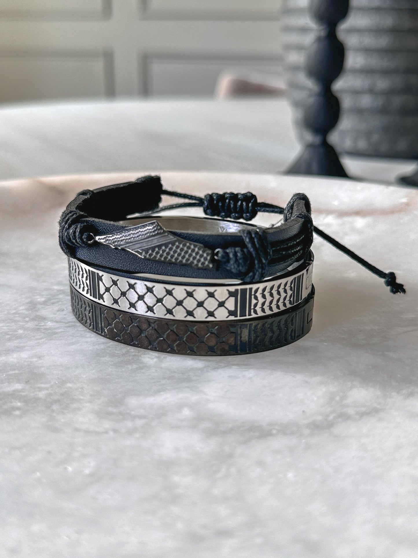 Palestine Scarf Men Bangle Bracelet | Palestinian Cuff | Black Enamel 14K Gold Plated