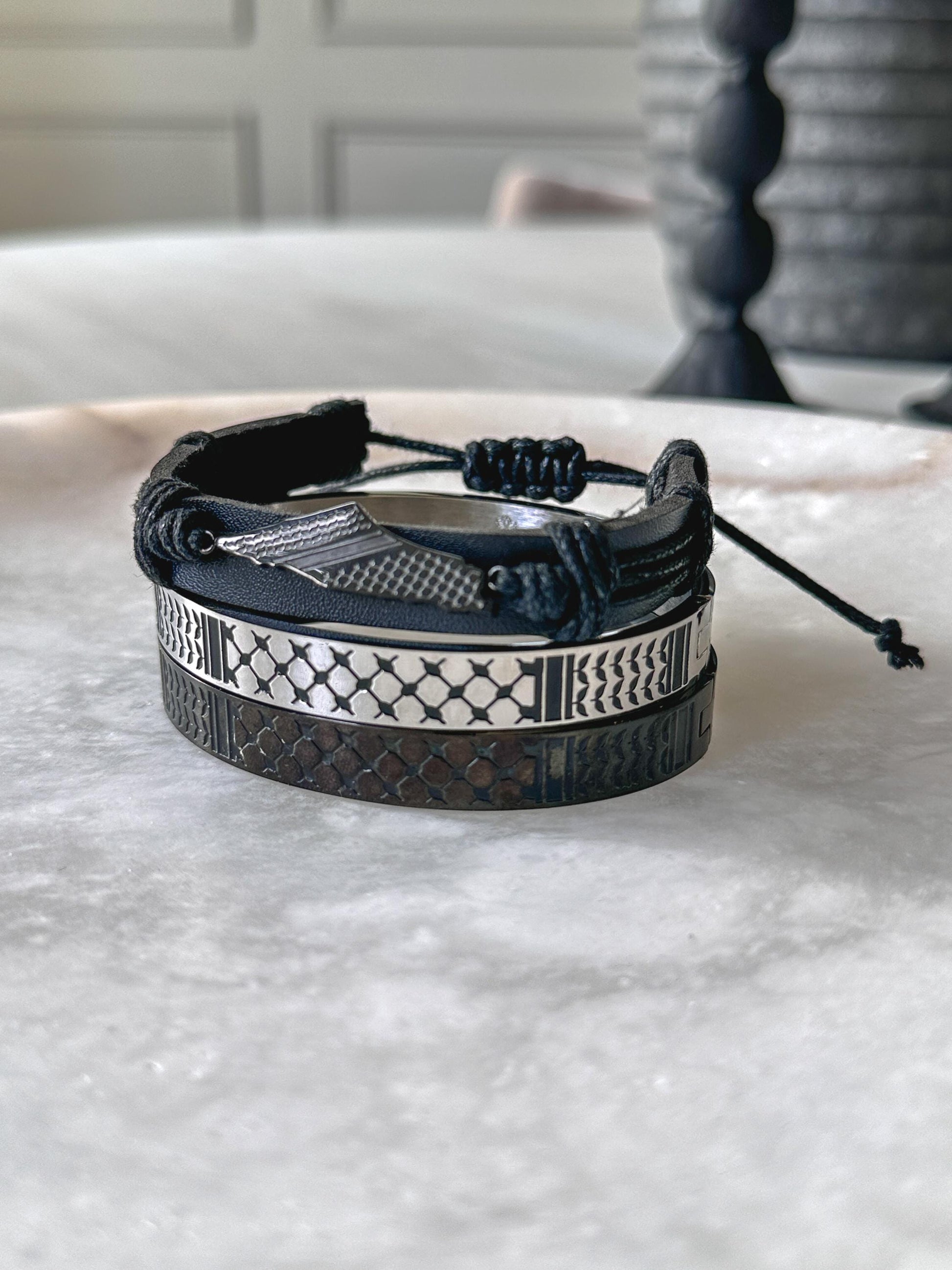 Palestine Scarf Men Bangle Bracelet | Palestinian Cuff | Black Enamel 14K Gold Plated