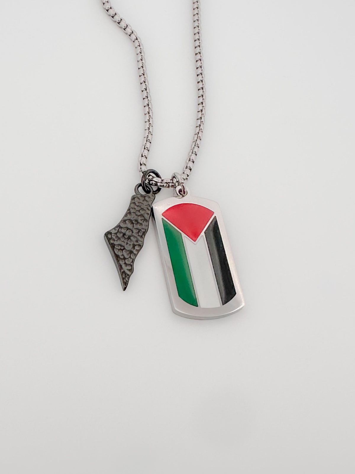 Palestine Flag Dog Tag Necklace with Map Charm| Stainless Steel Pendant with Charm