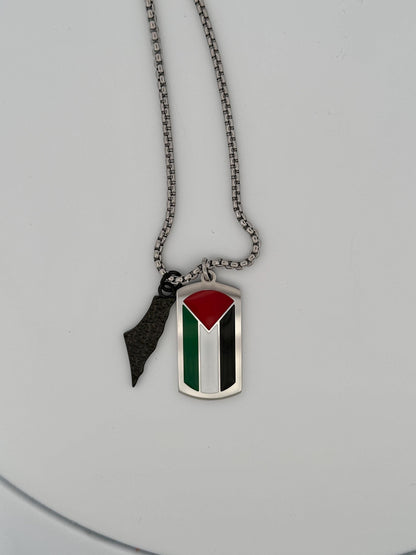 Palestine Flag Dog Tag Necklace with Map Charm| Stainless Steel Pendant with Charm