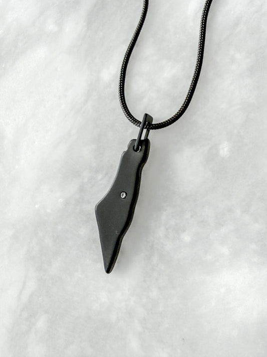 Black Palestine Map Necklace | Stainless Steel with CZ Jerusalem | Snake Chain | Palestinian Heritage Jewelry