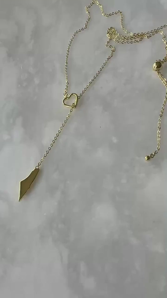 Palestine Map Heart Y Necklace | 14K Gold Plated Brass Pendant