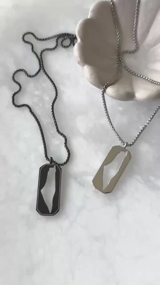 Palestine Map Dog Tag Necklace | Stainless Steel Pendant, Black Silver Cutout