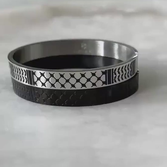 Palestine Scarf Men Bangle Bracelet | Palestinian Cuff | Black Enamel 14K Gold Plated