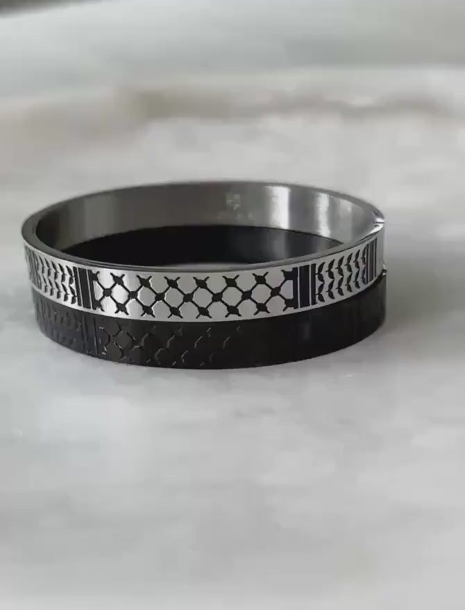 Palestine Scarf Men Bangle Bracelet | Palestinian Cuff | Black Enamel 14K Gold Plated