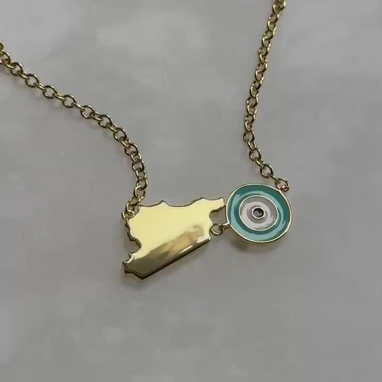 Gold Syria Map Necklace: Evil Eye Charm, Turquoise Enamel