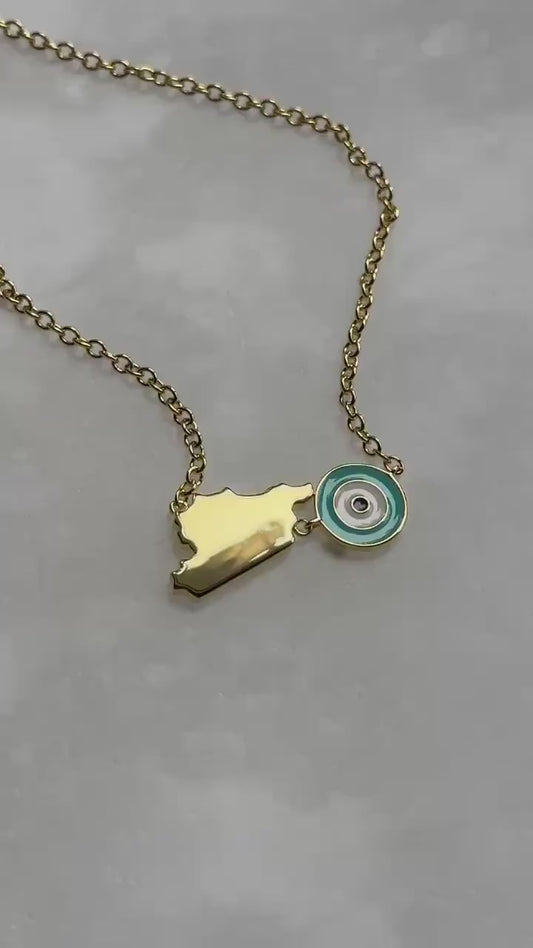 Gold Syria Map Necklace: Evil Eye Charm, Turquoise Enamel