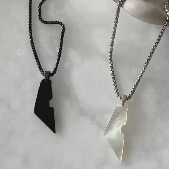 Palestine Map Necklace | Black Onyx, White Shell Stone Pendant | Stainless Steel Chain