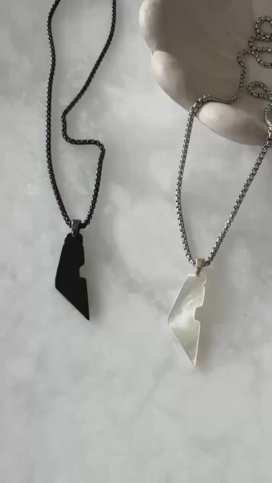 Palestine Map Necklace | Black Onyx, White Shell Stone Pendant | Stainless Steel Chain