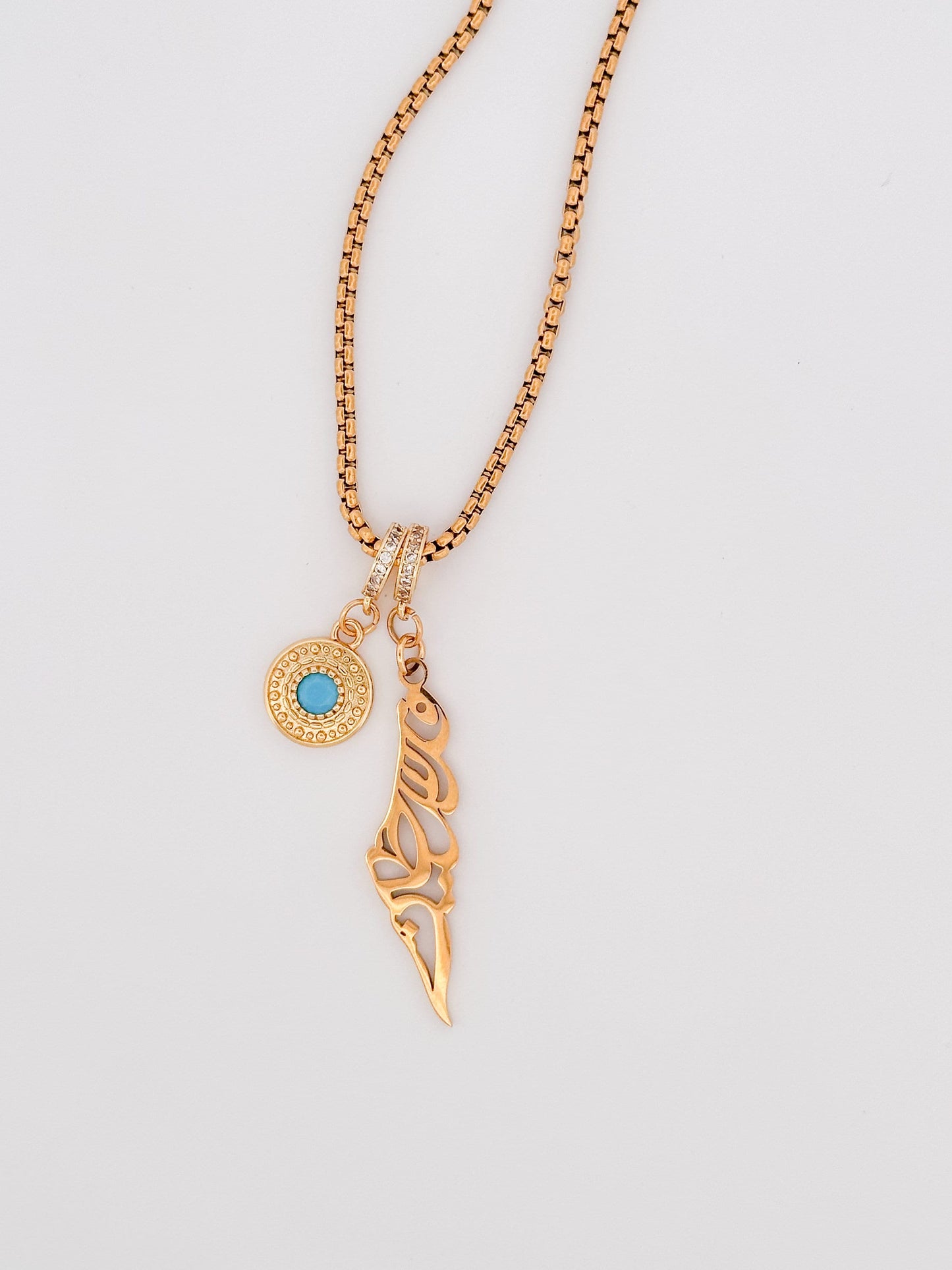 Palestine Map in Arabic calligraphy with Evil Eye Charm Necklace