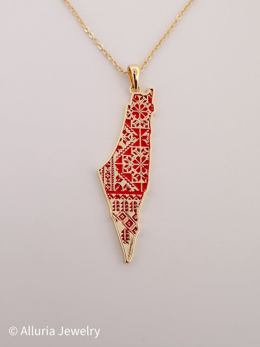 A Tatreez Pattern Palestine Map Necklace
